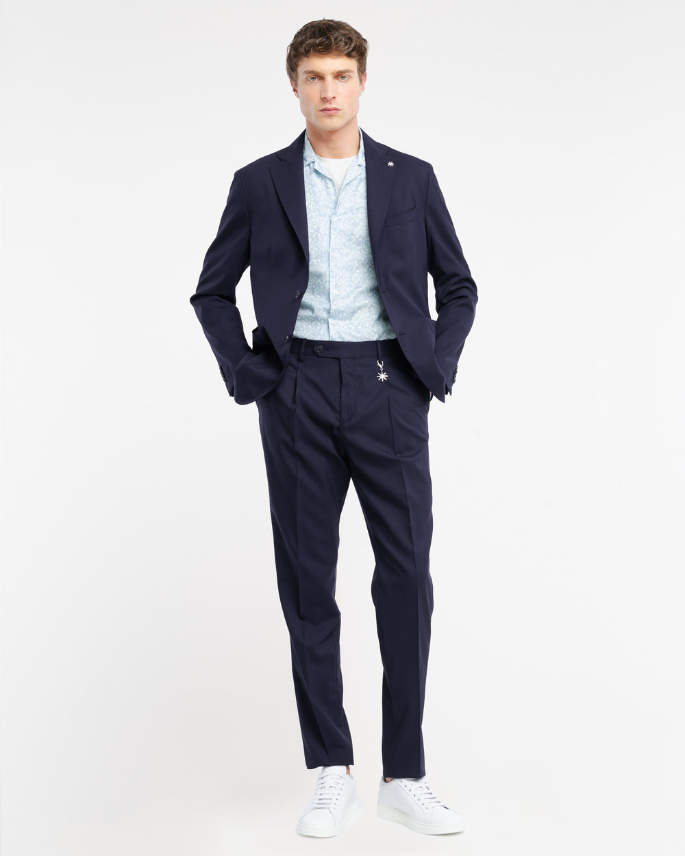 blue stretch wool cool pleated trousers