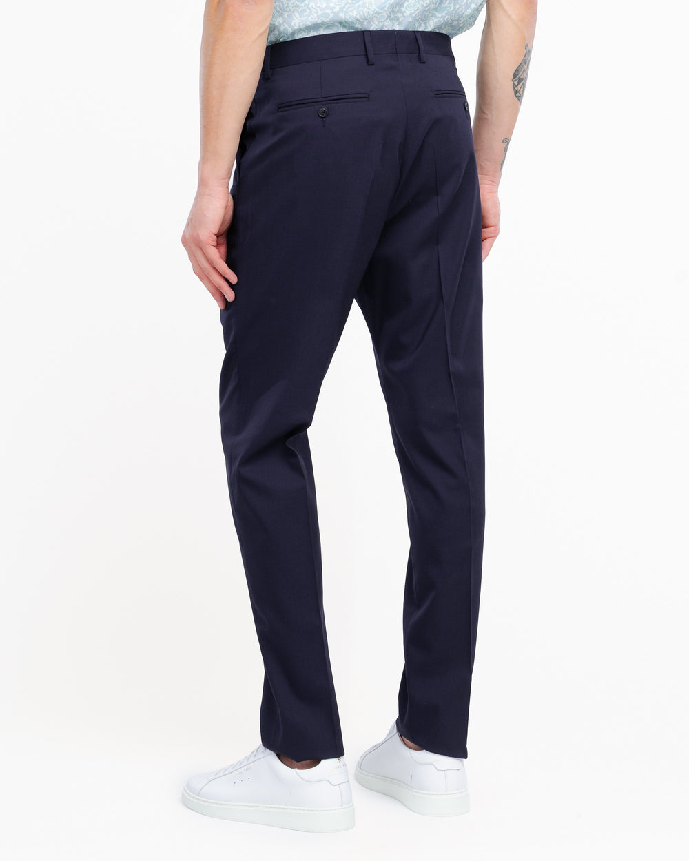 blue stretch wool cool pleated trousers