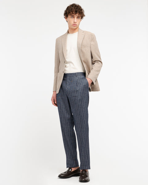 blue stretch linen blend pinstriped trousers with pleats