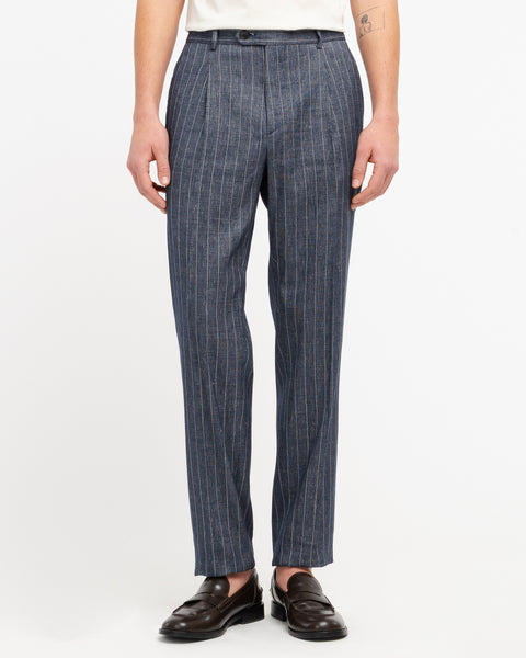 blue stretch linen blend pinstriped trousers with pleats