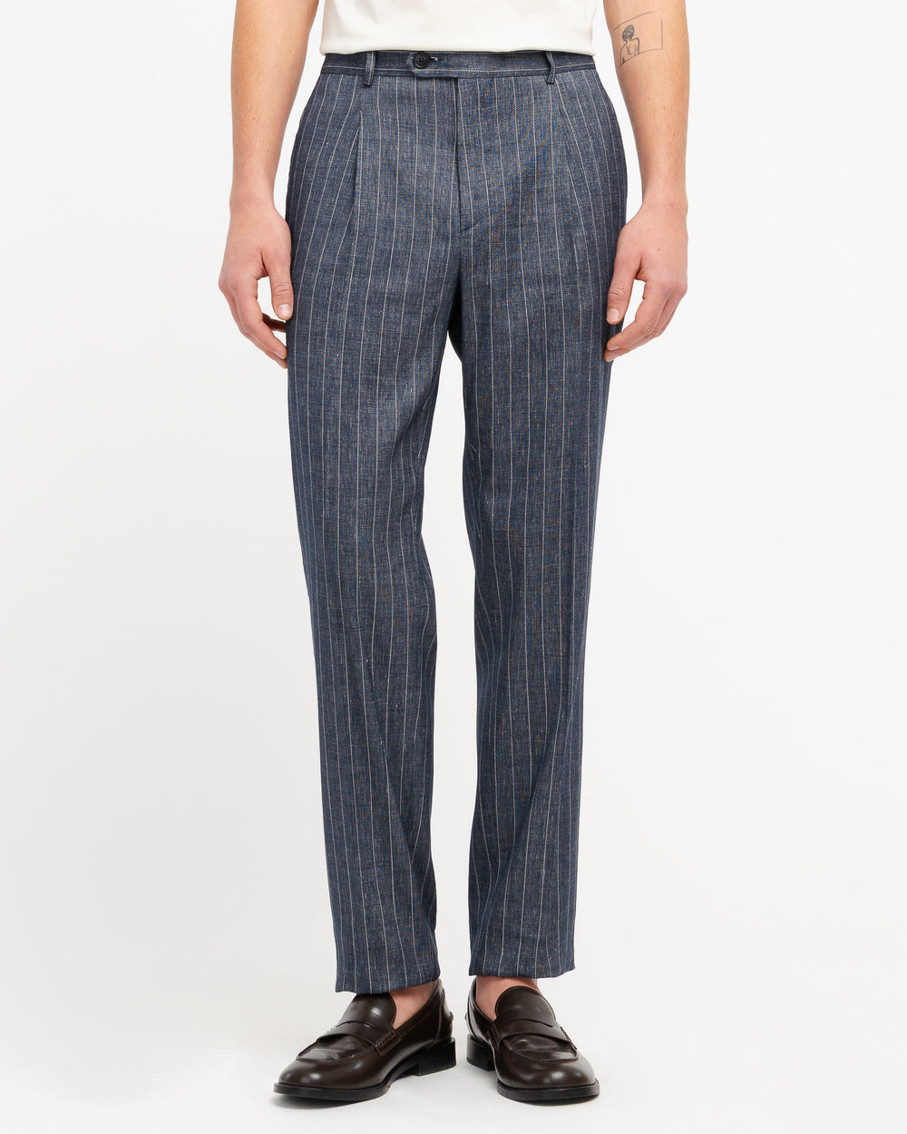 blue stretch linen blend pinstriped trousers with pleats