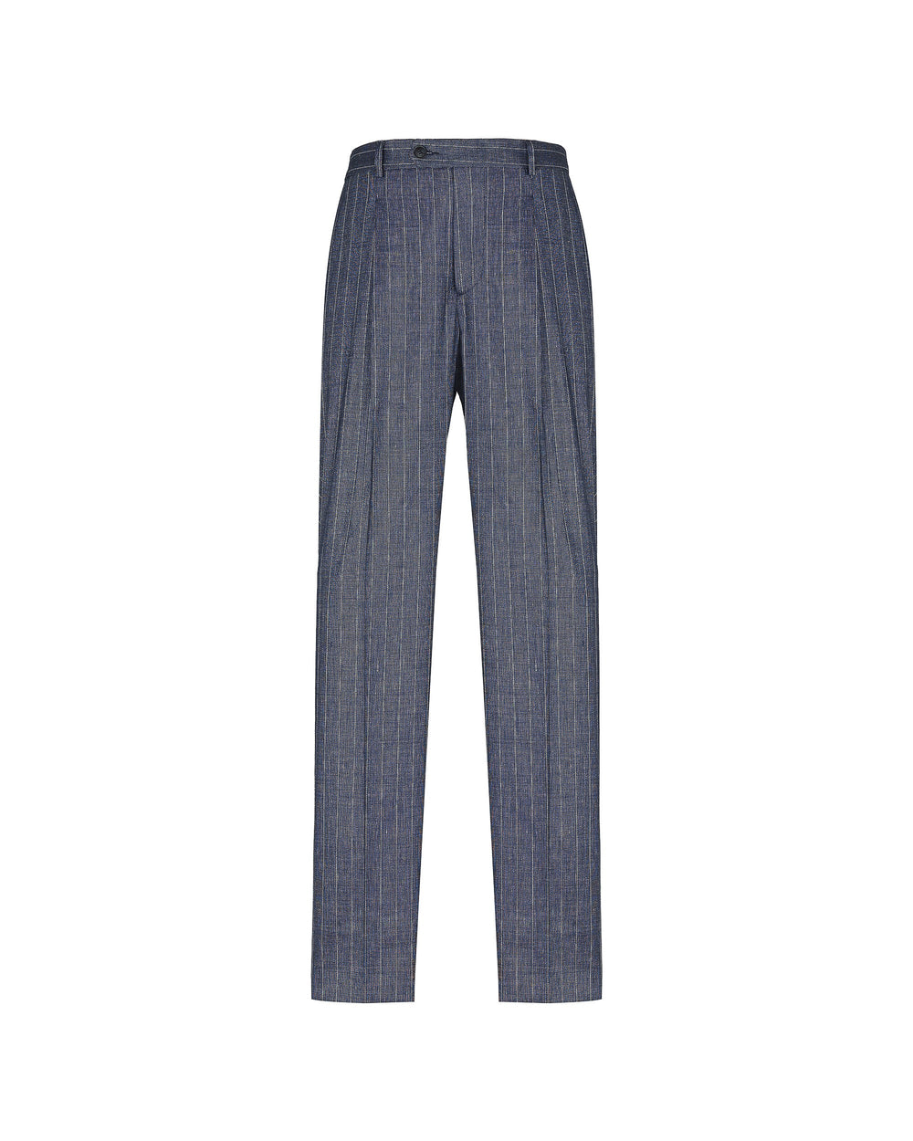 blue stretch linen blend pinstriped trousers with pleats