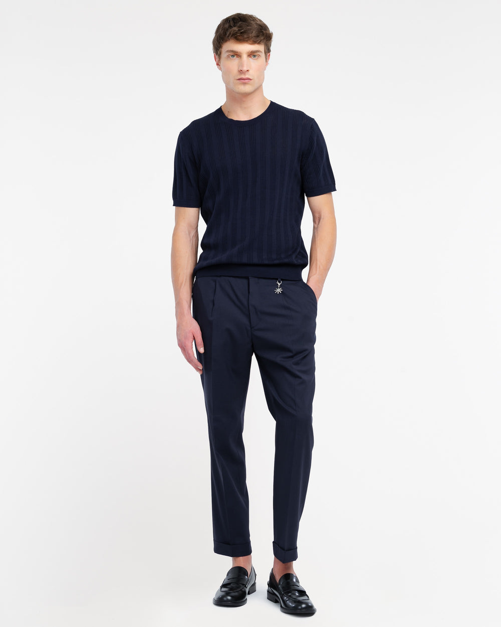 blue chinos with turn ups in cool stretch wool