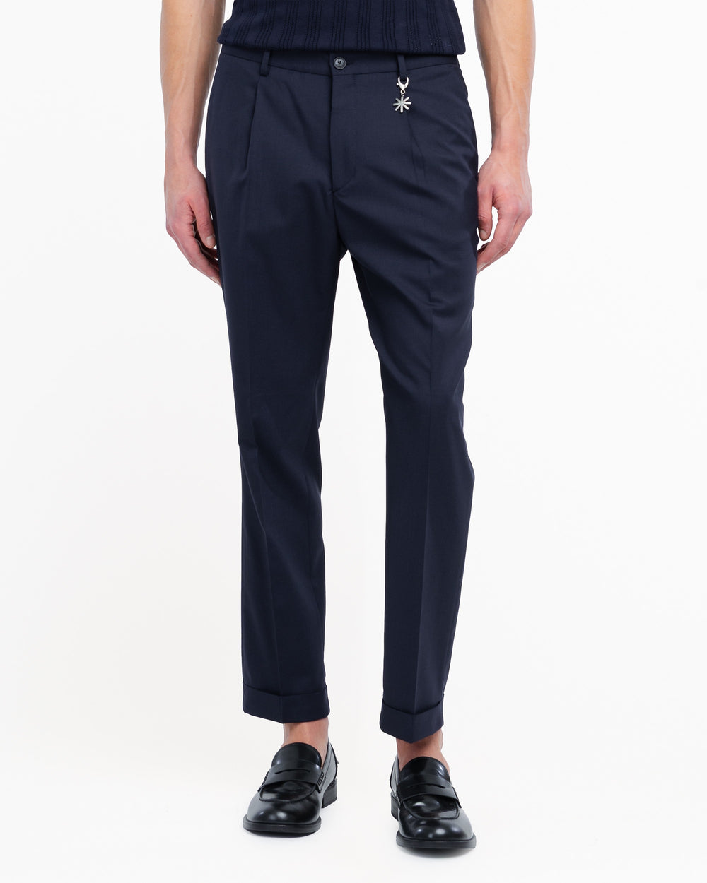 blue chinos with turn ups in cool stretch wool