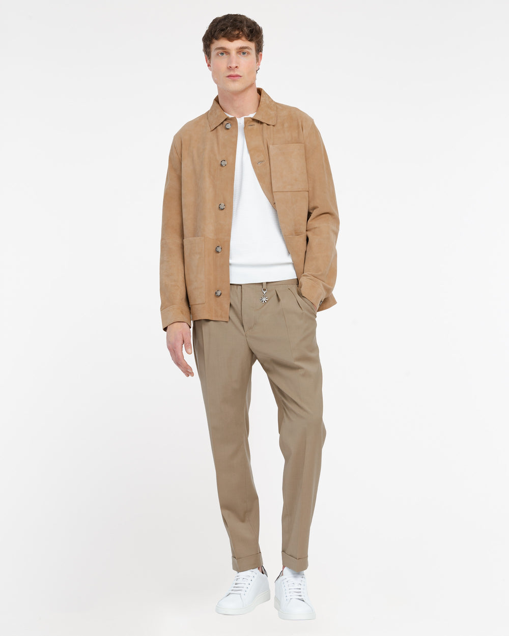 beige stretch cool wool double pleat trousers