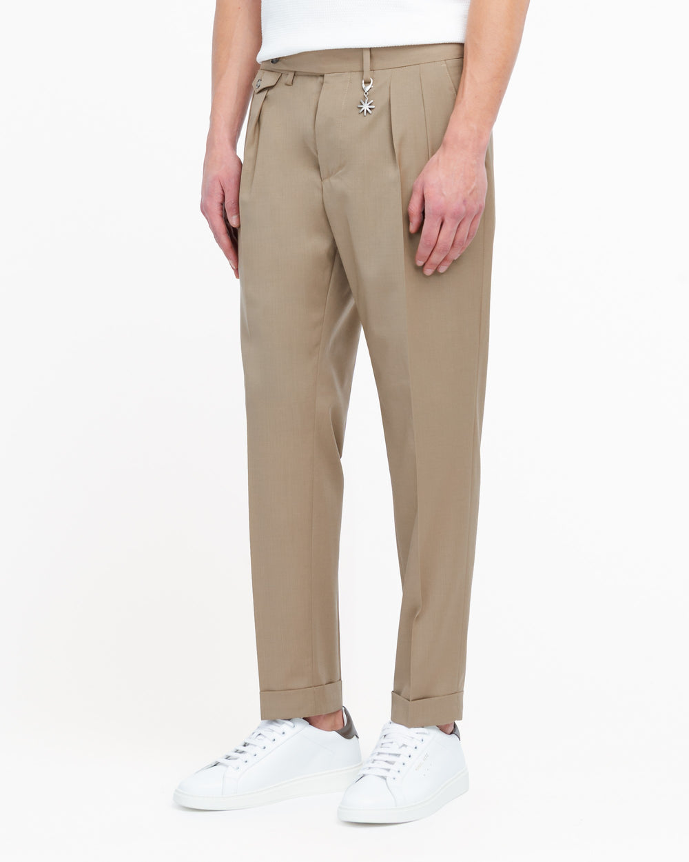 beige stretch cool wool double pleat trousers