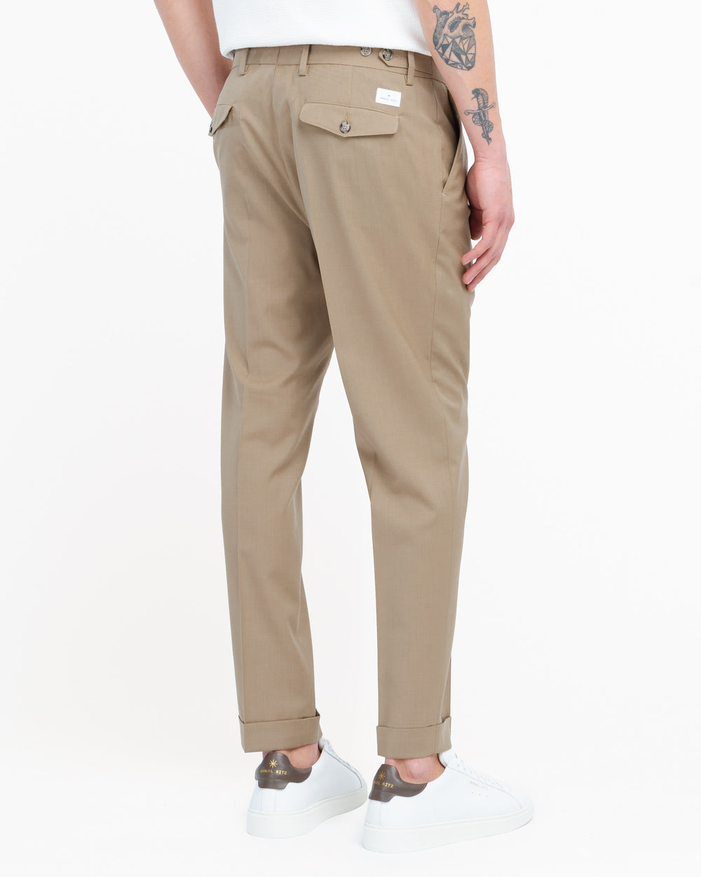 beige stretch cool wool double pleat trousers