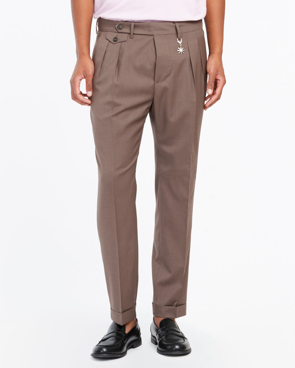 brown stretch cool wool double pleat trousers