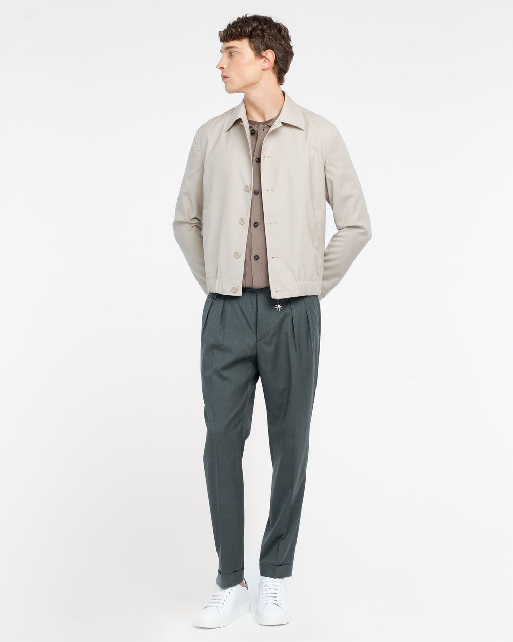 green stretch cool wool double pleat trousers