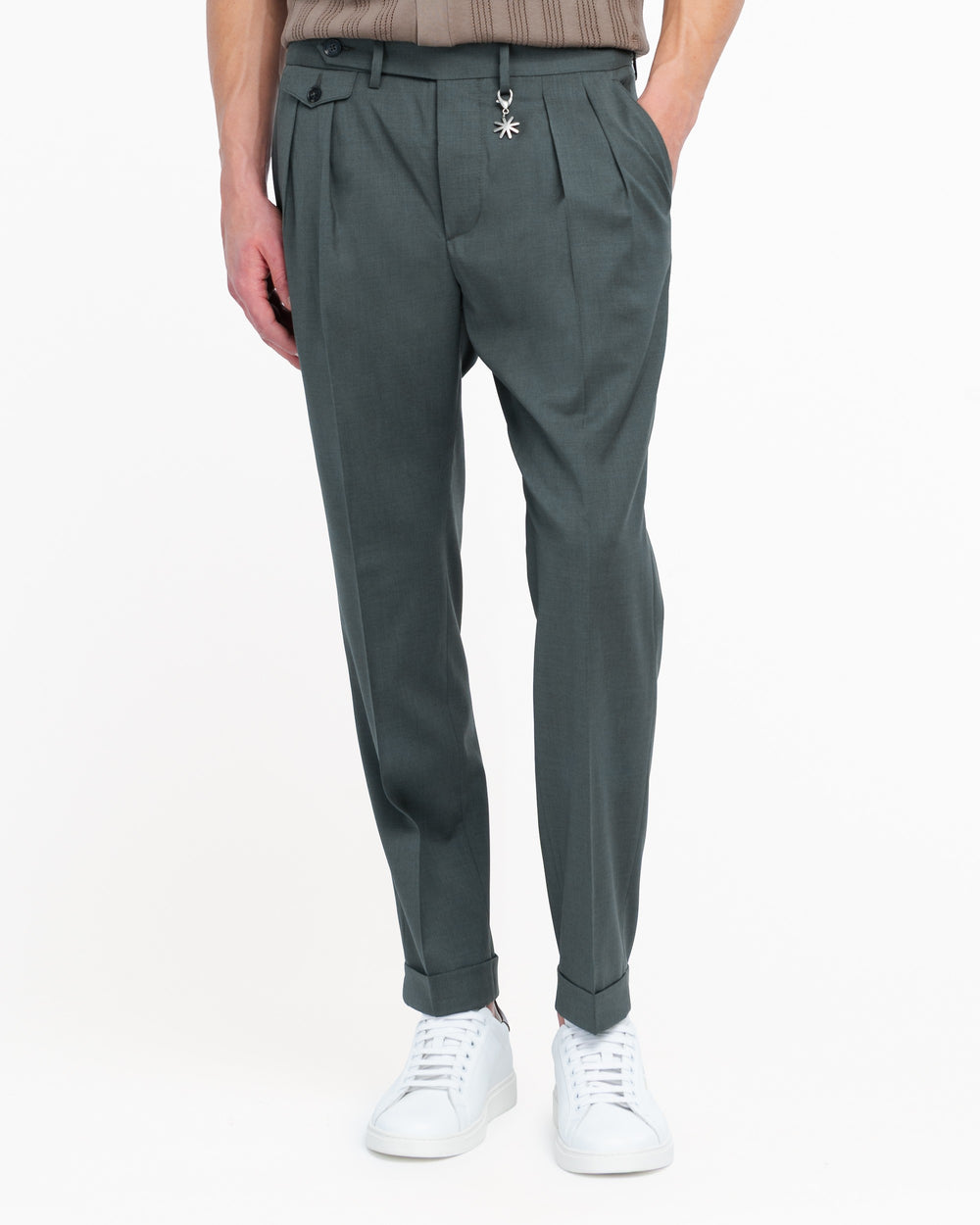 green stretch cool wool double pleat trousers