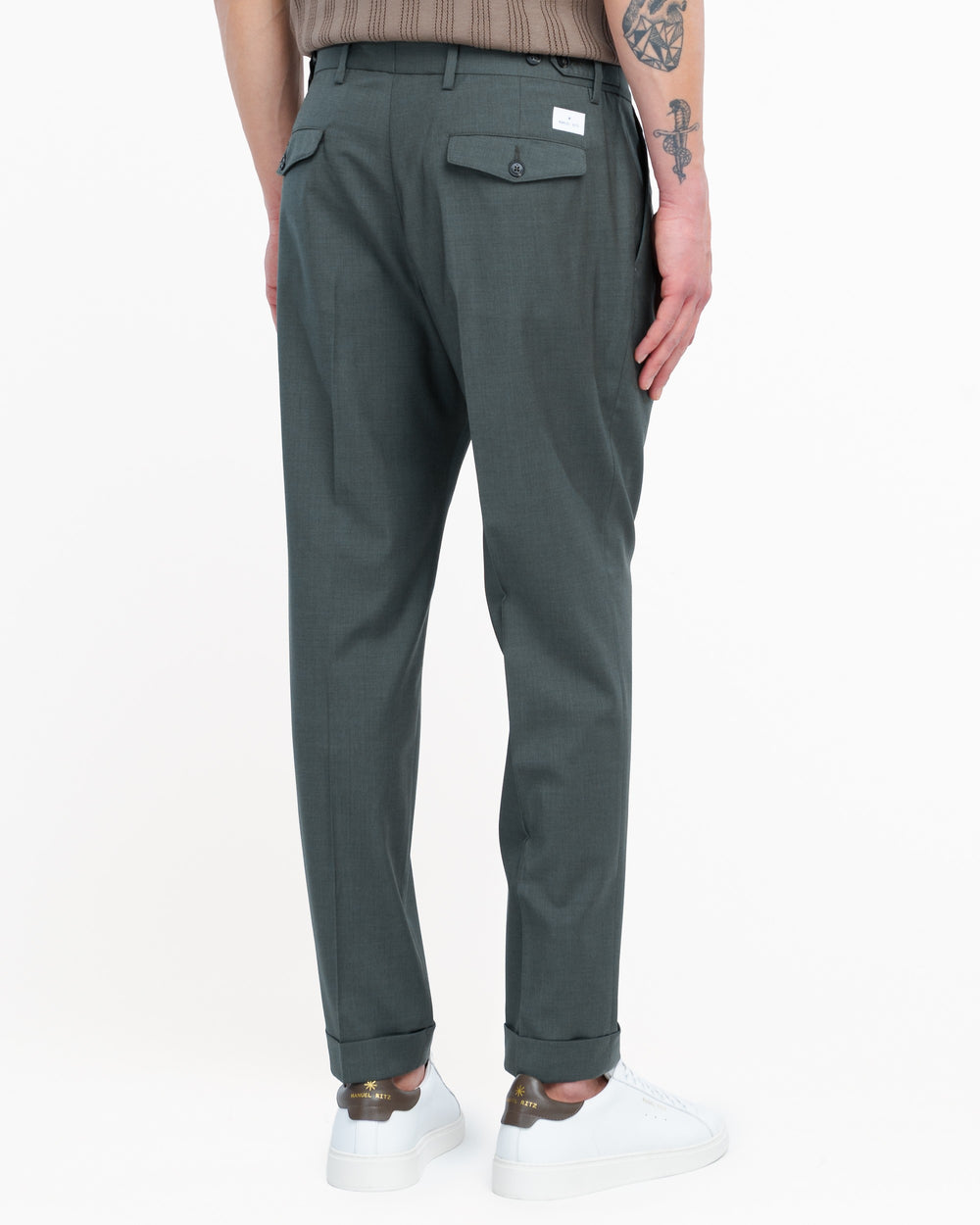 green stretch cool wool double pleat trousers