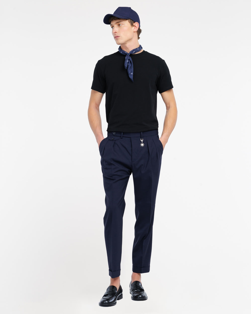 blue stretch cool wool double pleat trousers