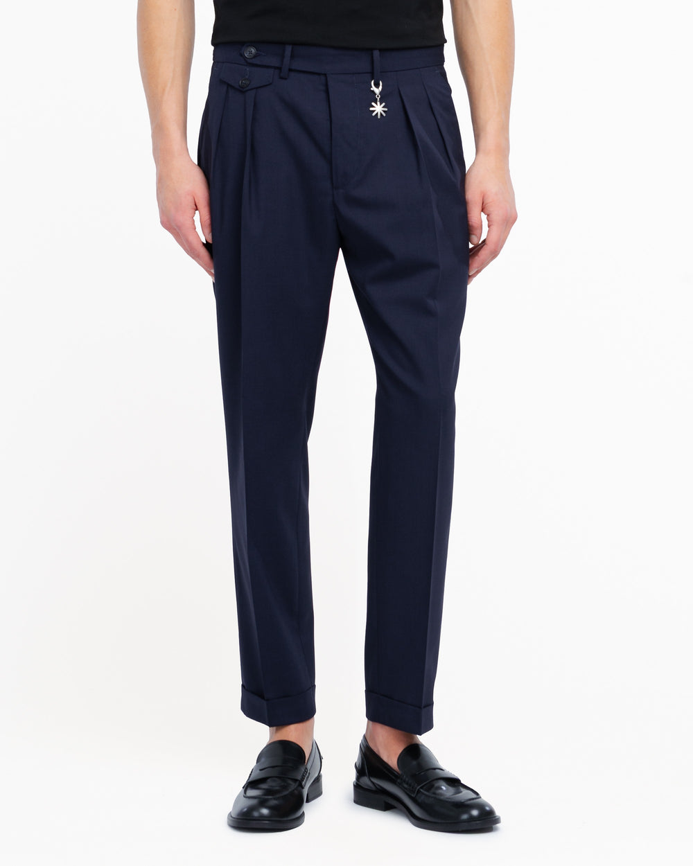 blue stretch cool wool double pleat trousers