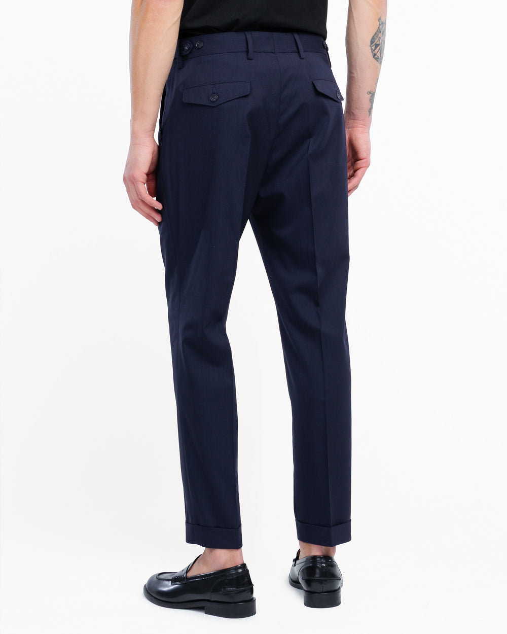 blue stretch cool wool double pleat trousers