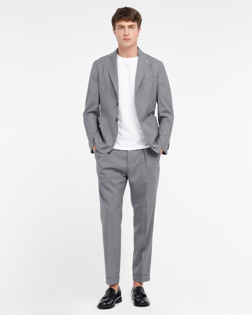 gray stretch cool wool double pleat trousers