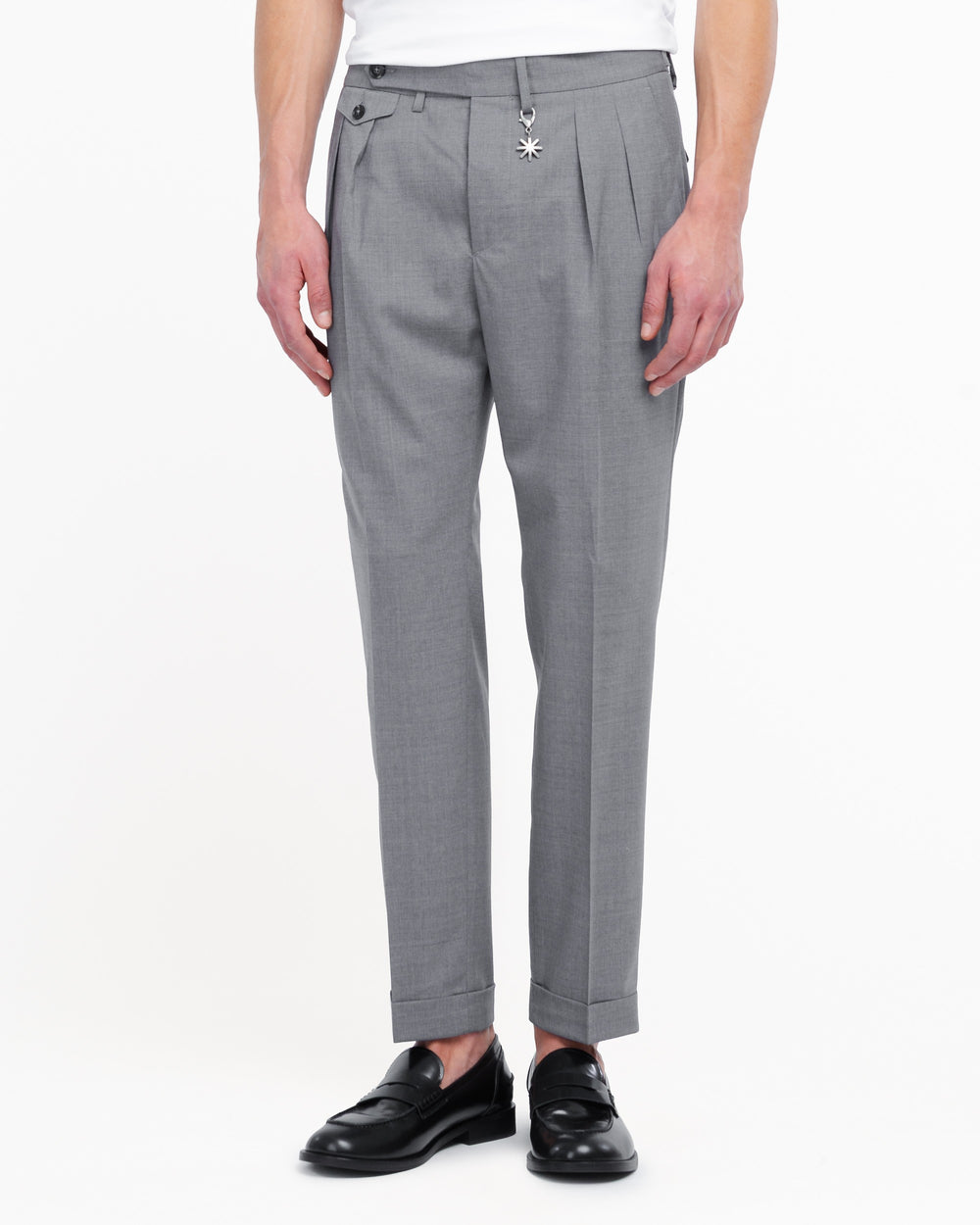gray stretch cool wool double pleat trousers