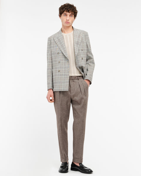 brown double pleated trousers in denim effect cotton linen twill