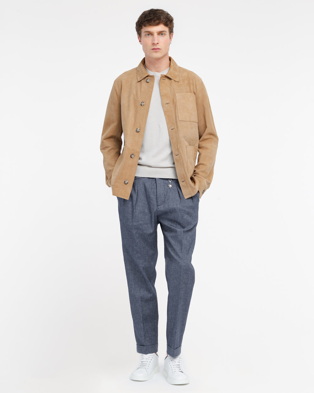 blue double pleated trousers in denim effect cotton linen twill