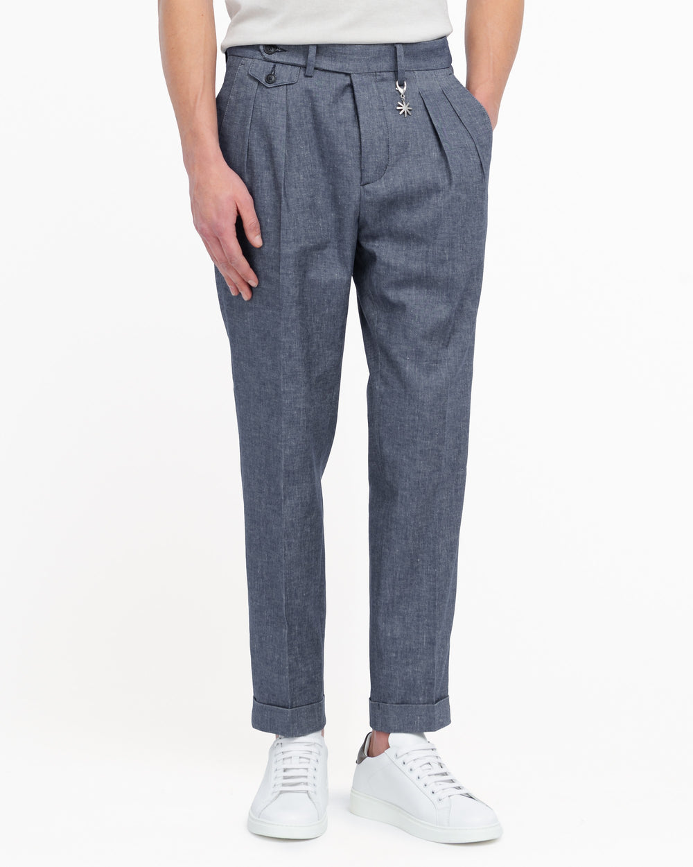 blue double pleated trousers in denim effect cotton linen twill