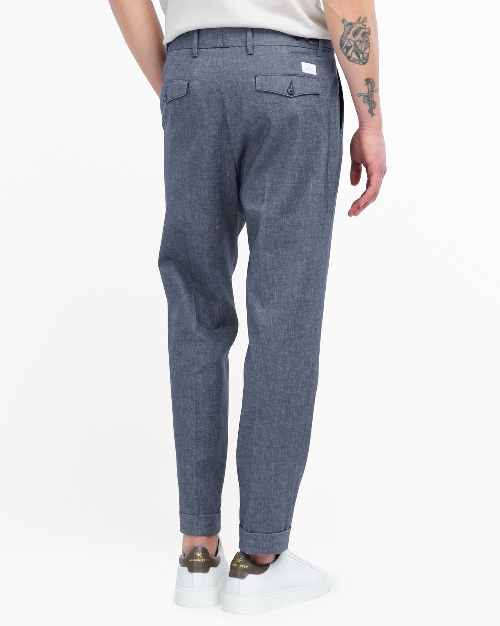 blue double pleated trousers in denim effect cotton linen twill