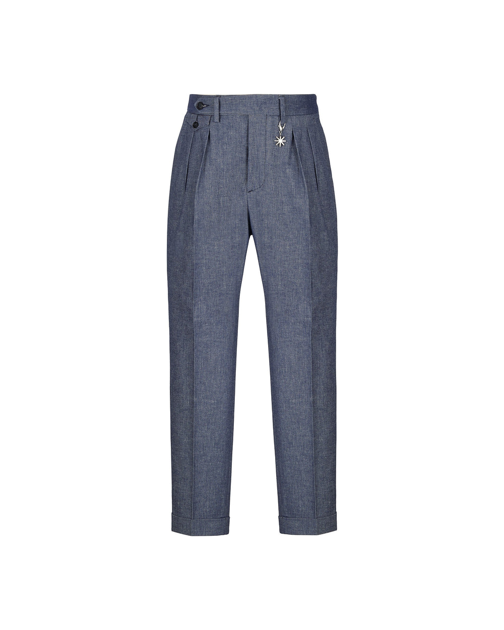 blue double pleated trousers in denim effect cotton linen twill