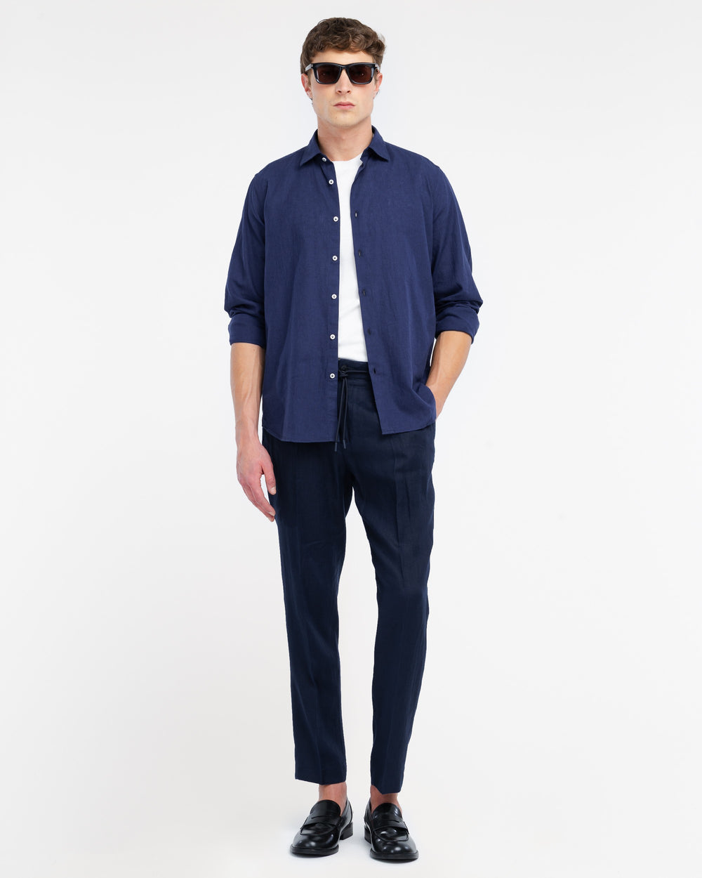 blue washed linen jogging trousers