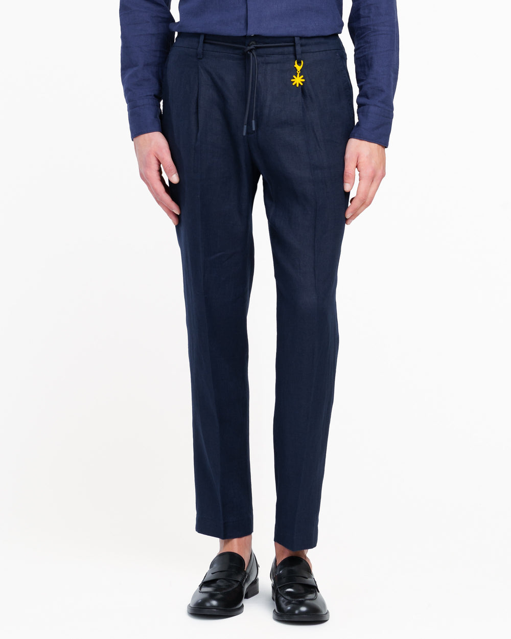 blue washed linen jogging trousers