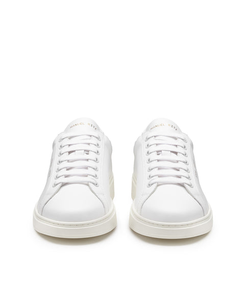 white leather sneakers