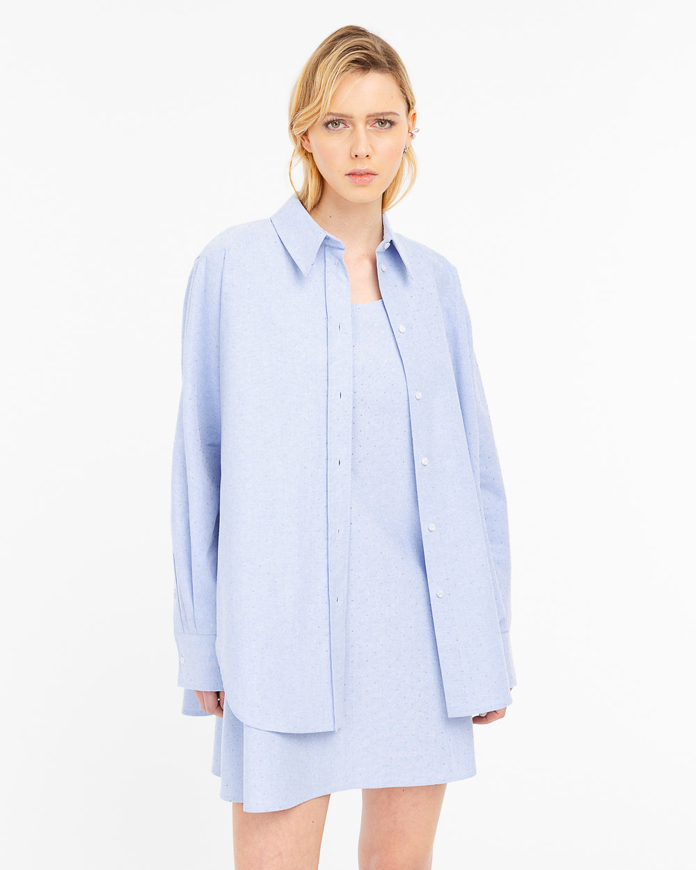 light blue oxford cotton shirt and dress combo with appliqués