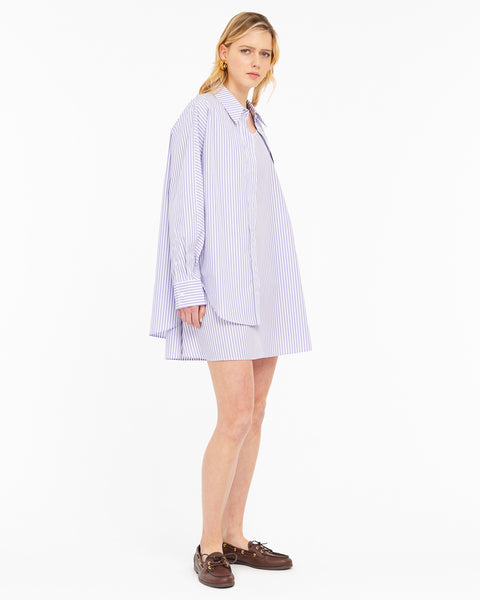 violet shirt and striped cotton dress combo