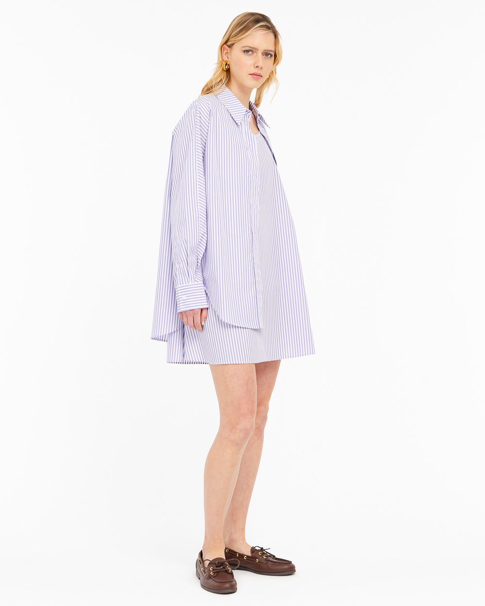 violet shirt and striped cotton dress combo