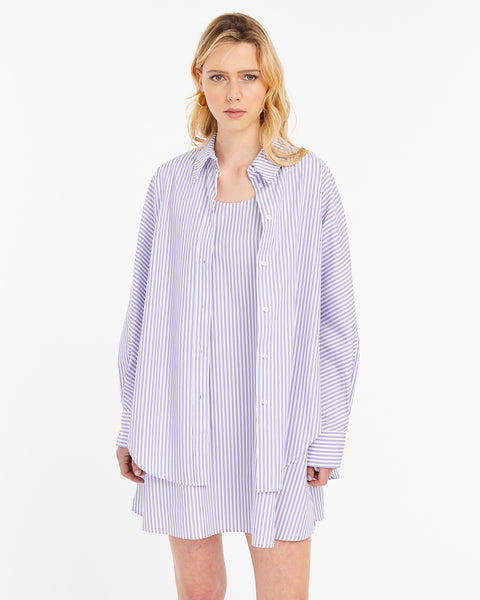 violet shirt and striped cotton dress combo