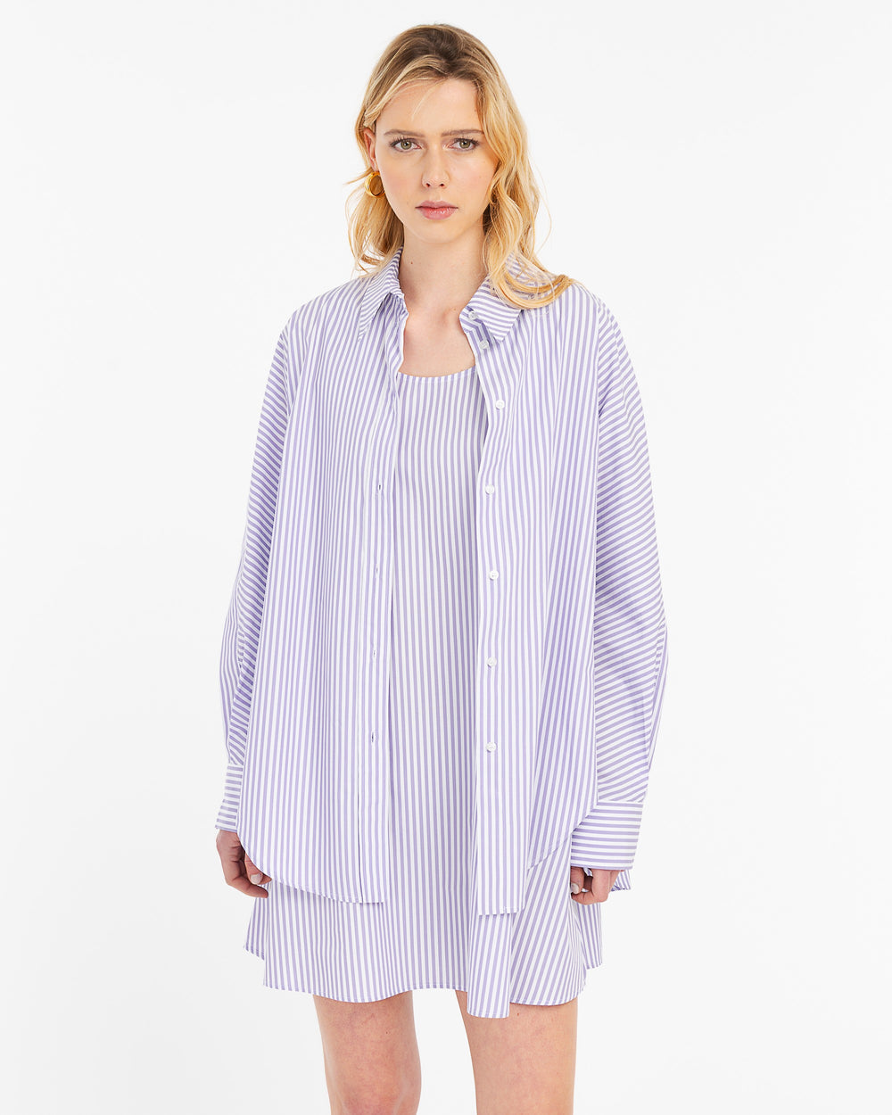 violet shirt and striped cotton dress combo