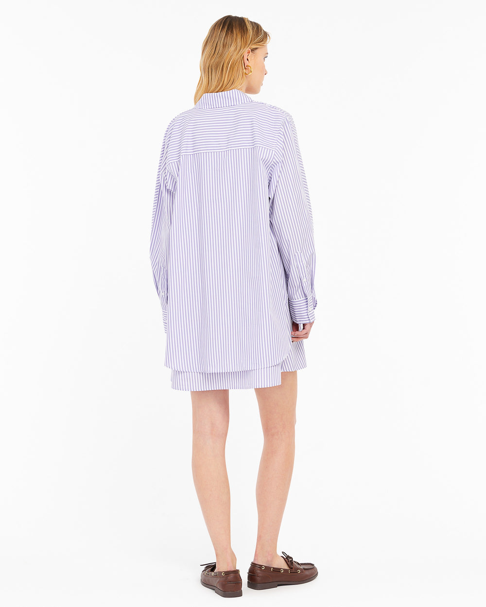 violet shirt and striped cotton dress combo