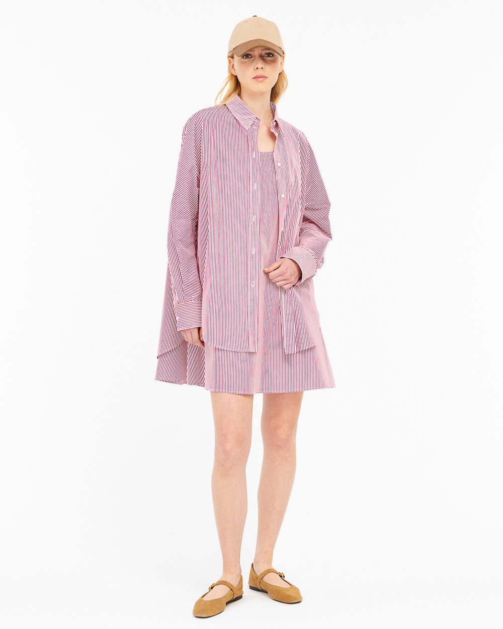 red cotton striped shirt and dress combo