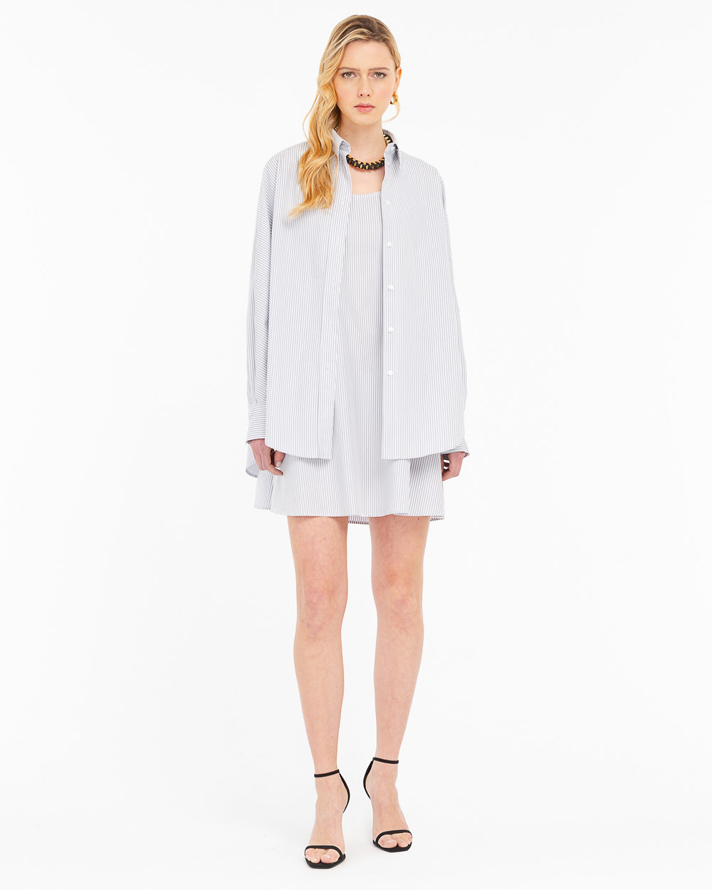 gray cotton striped shirt and dress combo