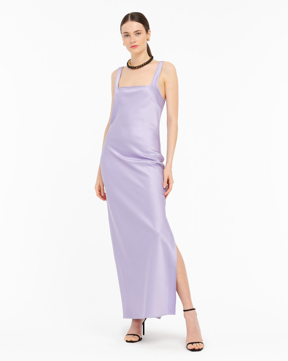 violet long satin effect dress
