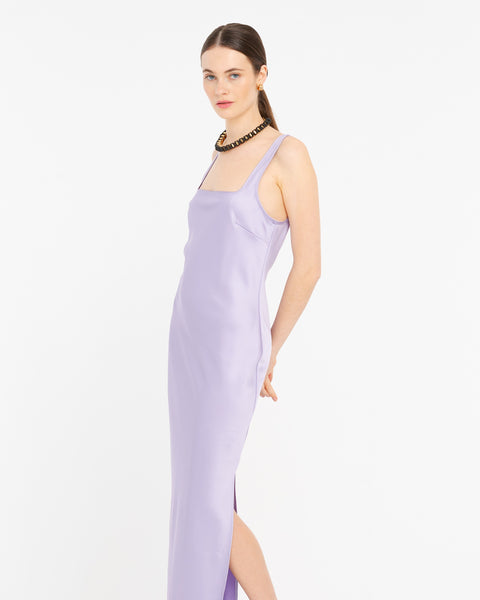 violet long satin effect dress