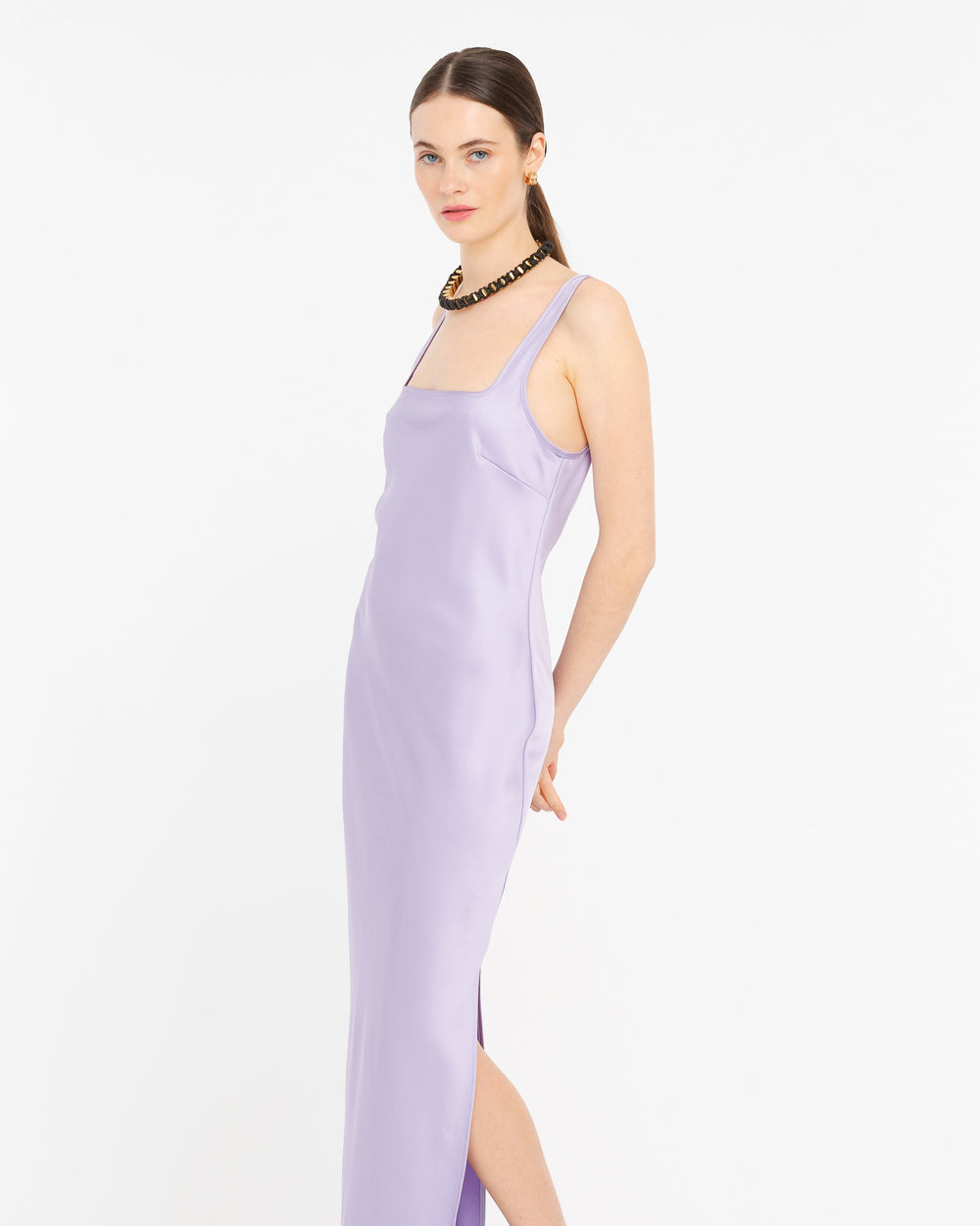 violet long satin effect dress