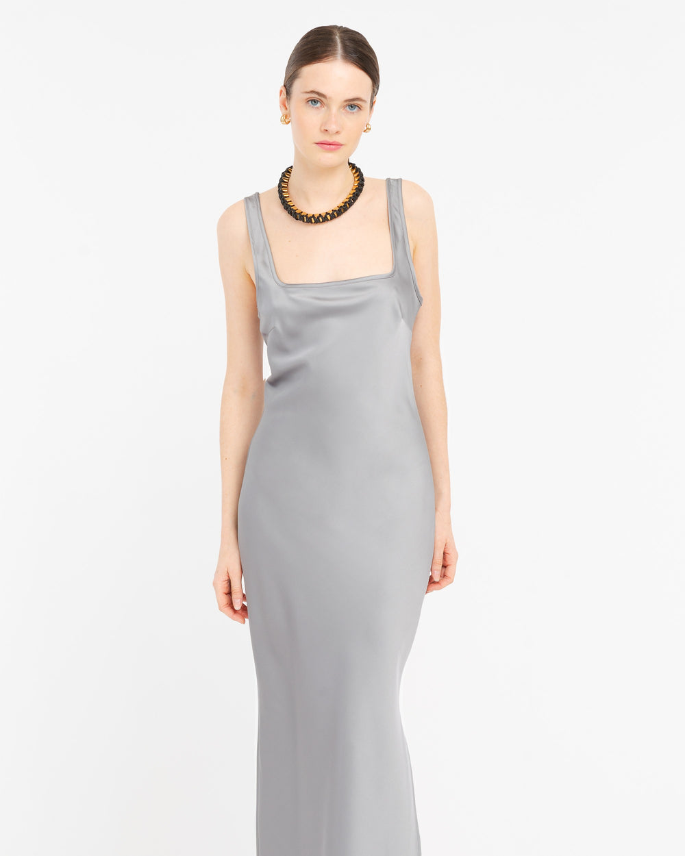 gray long satin effect dress