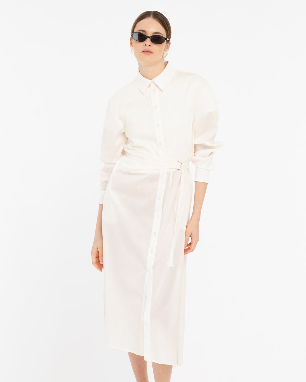white stretch cotton blend poplin shirt dress