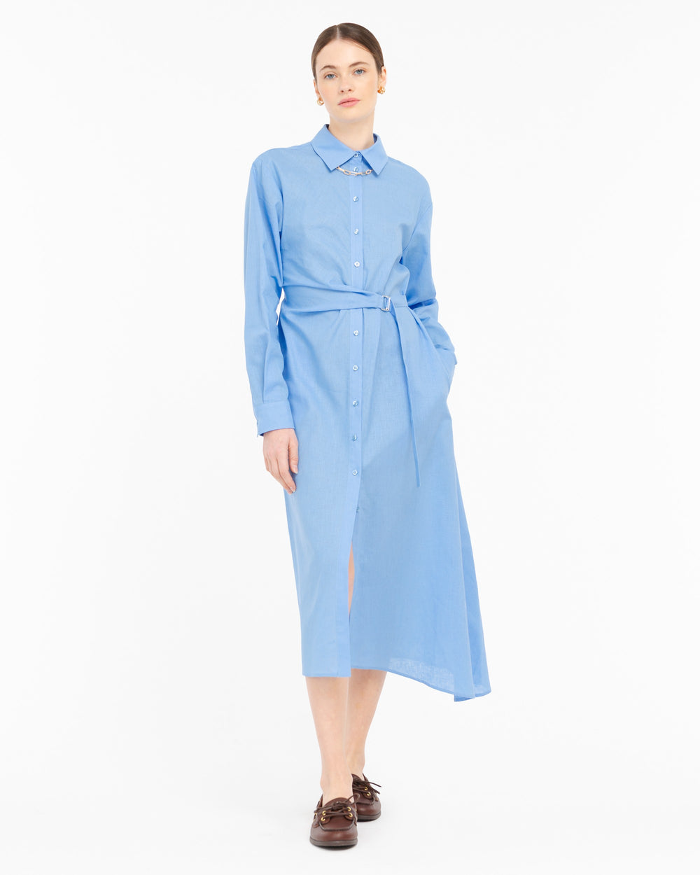 light blue linen cotton shirt dress