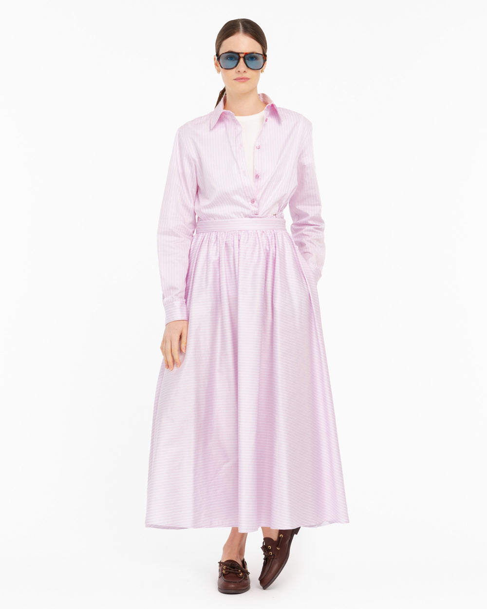 pink long cotton satin striped skirt