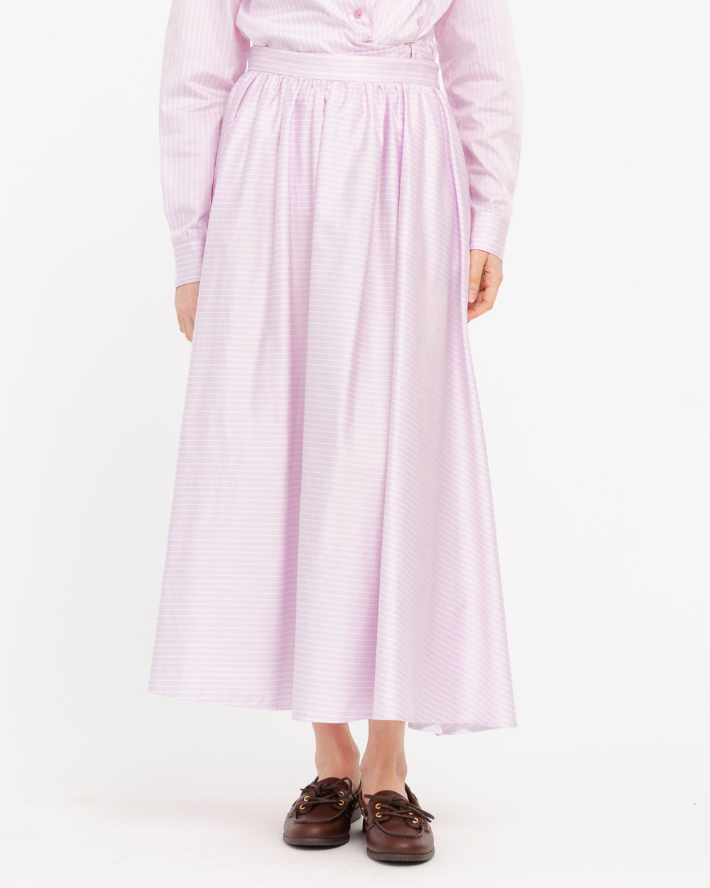 pink long cotton satin striped skirt