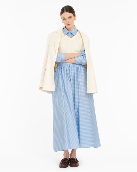 light blue long cotton satin striped skirt