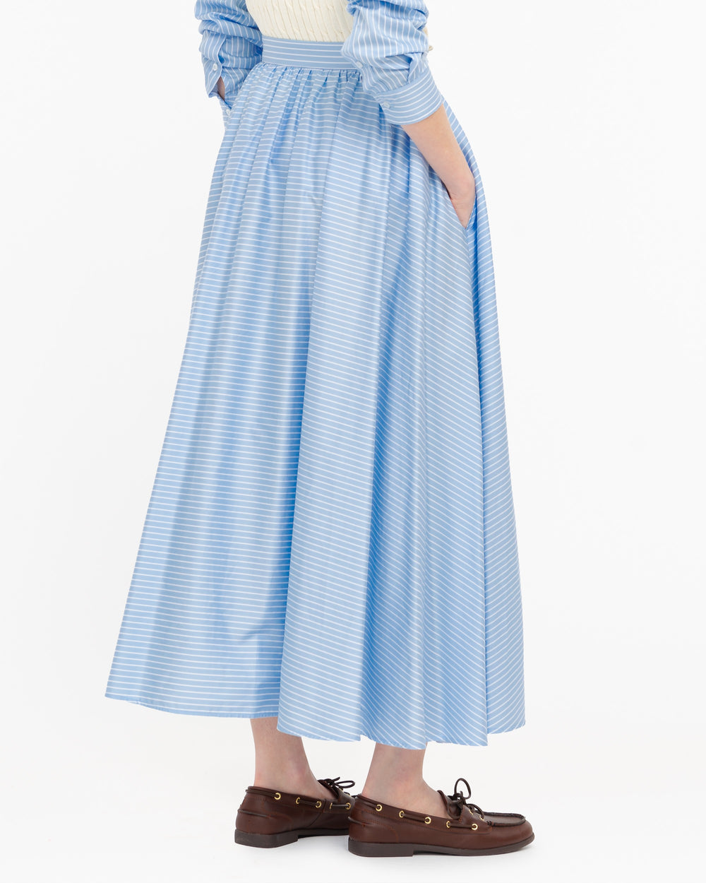 light blue long cotton satin striped skirt