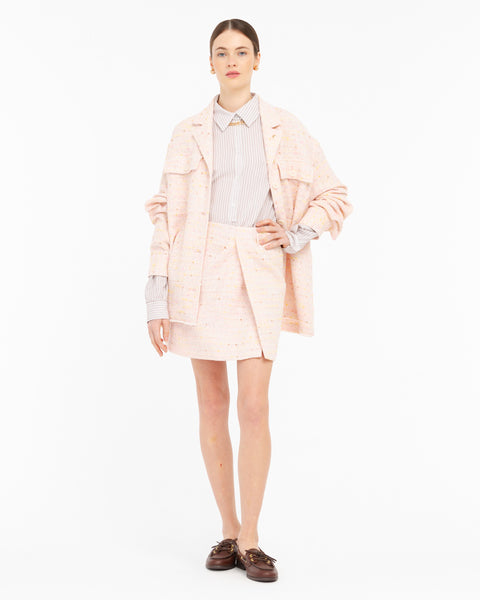 pink mini bouclé skirt with sequins