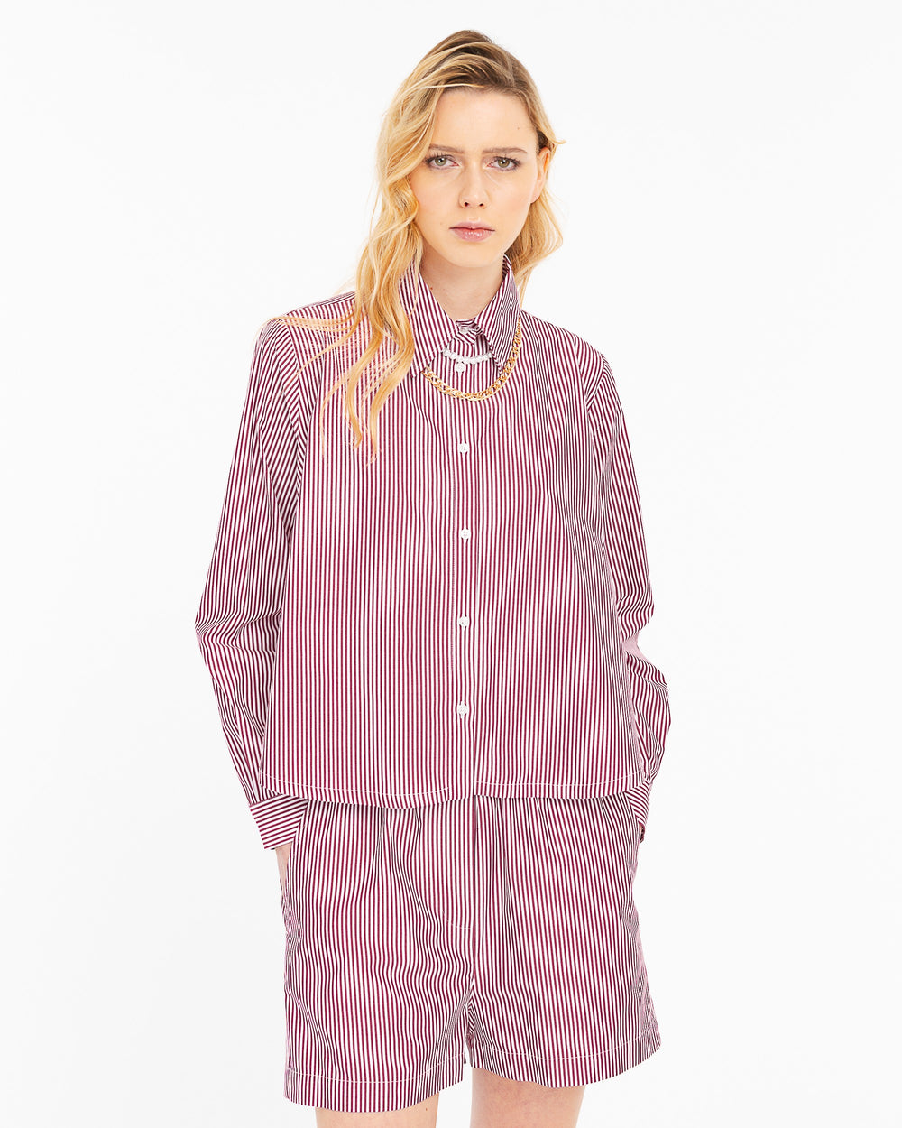 red loose fitting striped cotton shirt