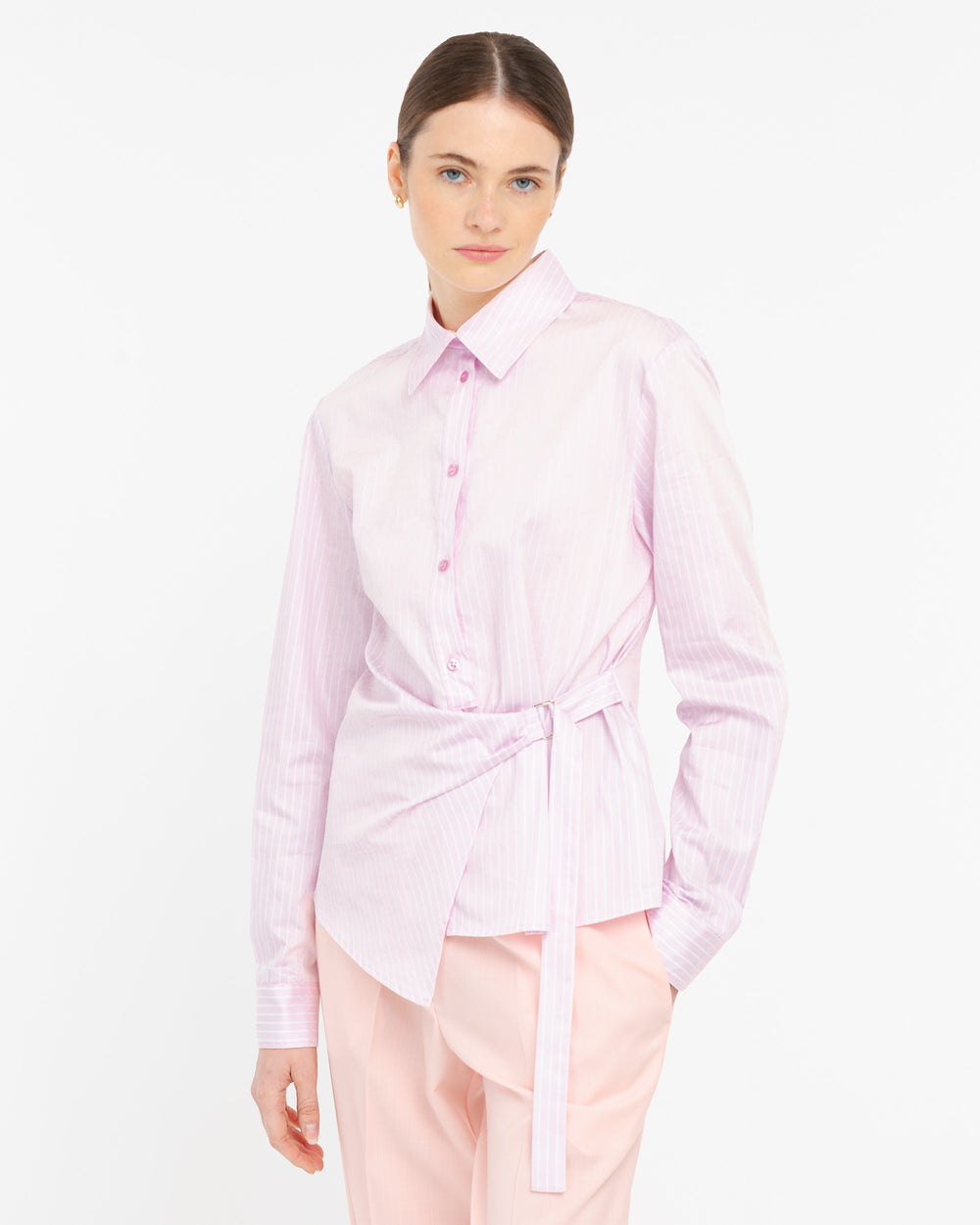 pink cotton satin striped shirt