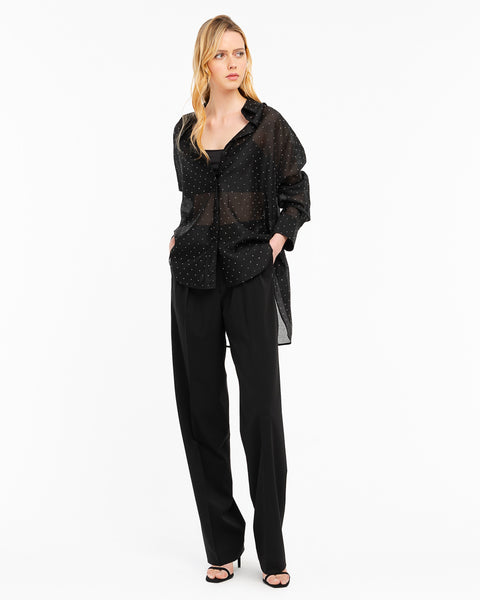 black oversized shirt with appliqués